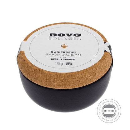 Dovo Shaving Soap in ceramic bowl featuring elegant cork lid, Berlin Barber style, 115g.