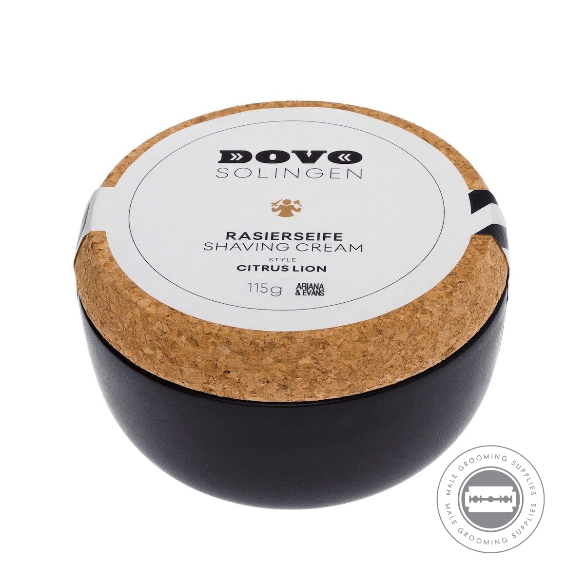 Dovo Shaving Soap in Ceramic Bowl - Citrus Lion, angled view displaying the cork lid and black ceramic craftsmanship.