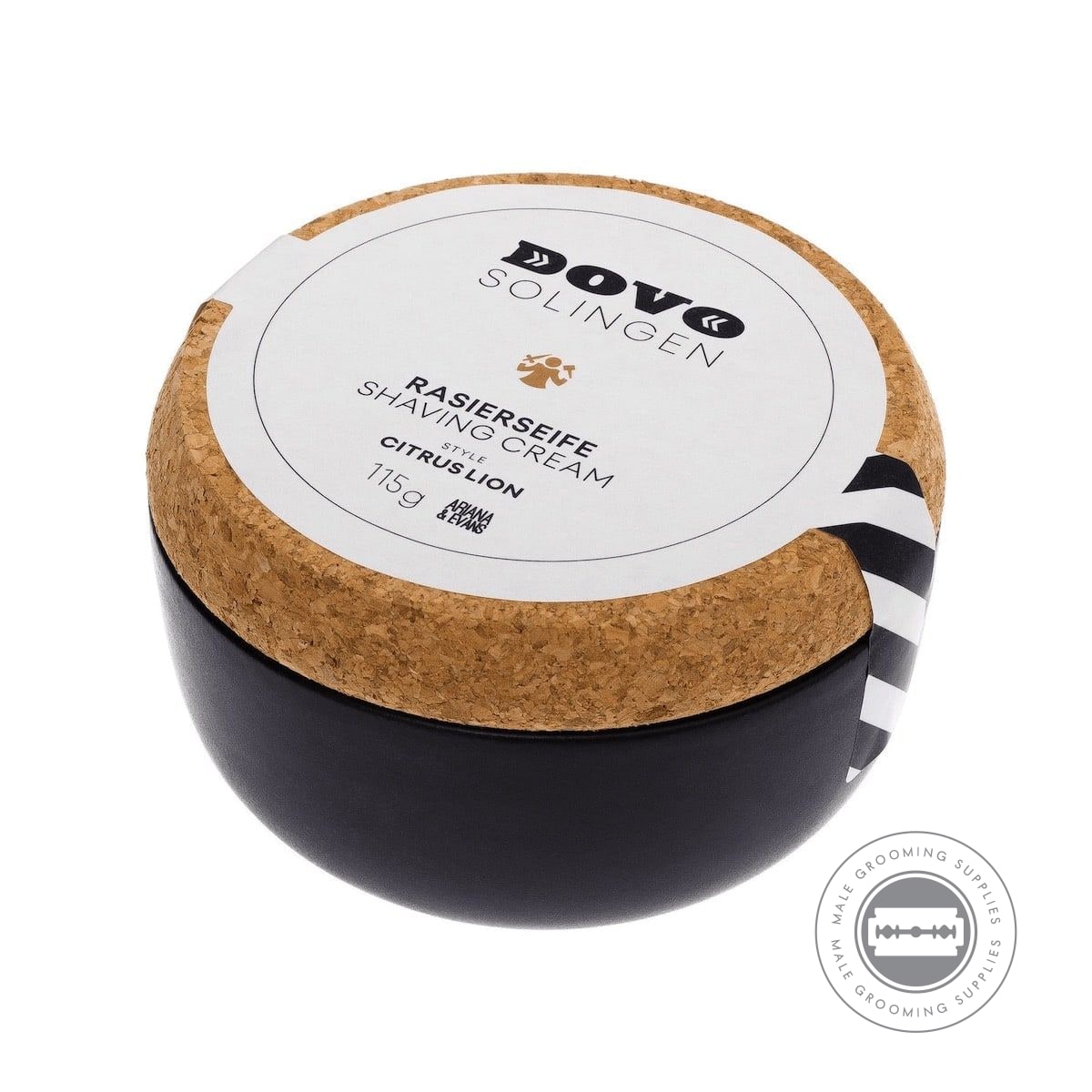 Dovo Shaving Soap in Ceramic Bowl - Citrus Lion, 115g, featuring a black stoneware bowl with a cork lid.