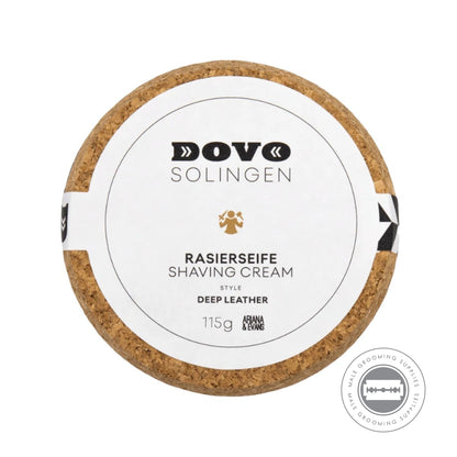 Close-up of the Dovo Shaving Soap in Ceramic Bowl - Deep Leather 115g cork lid with product details and Deep Leather label.