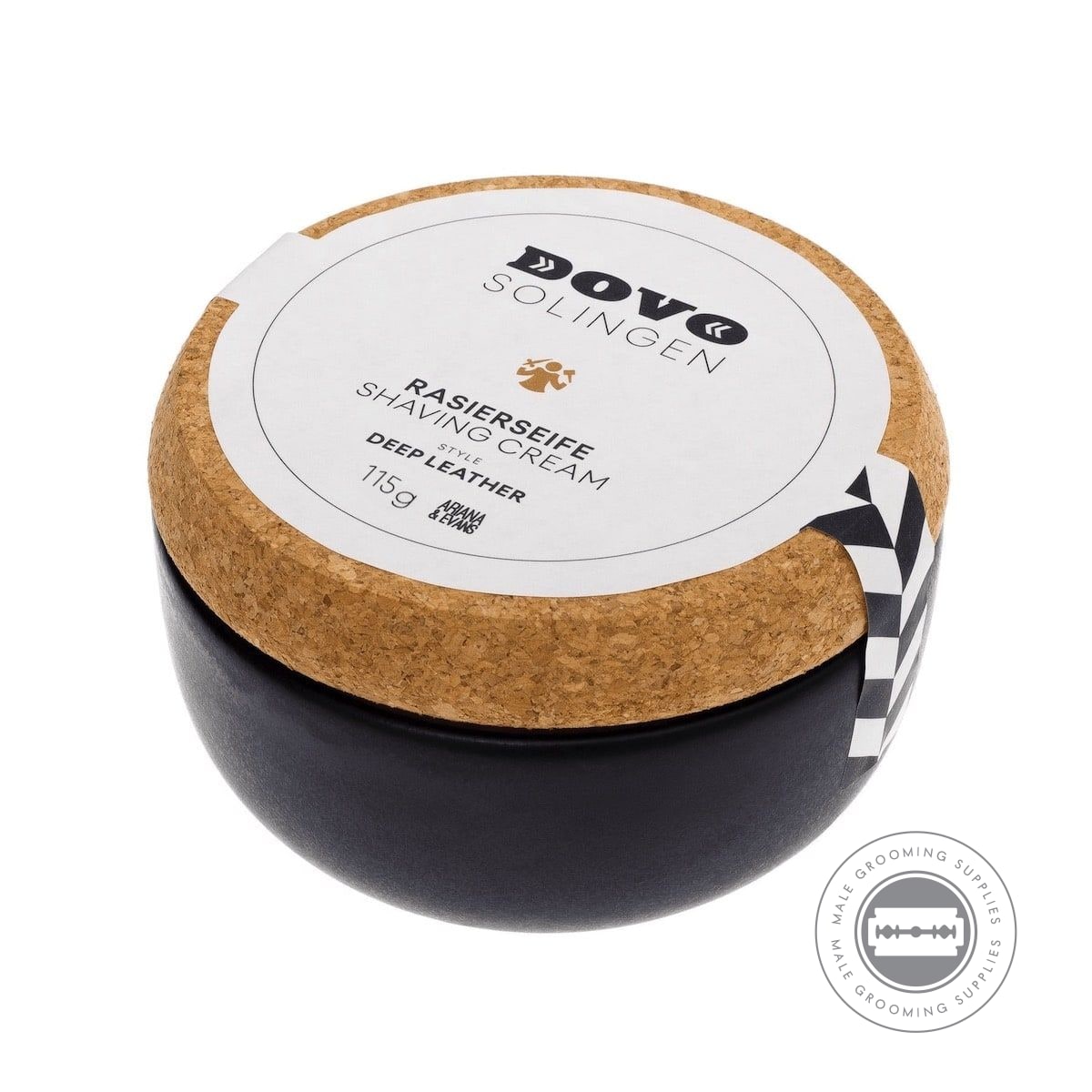 Dovo Shaving Soap in Ceramic Bowl - Deep Leather 115g, showing cork lid and matte black ceramic jar, top view.