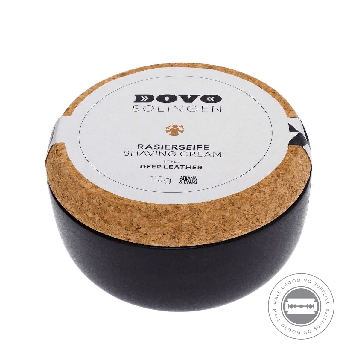 Angled view of the Dovo Shaving Soap in Ceramic Bowl - Deep Leather 115g, showcasing the premium stoneware jar and cork lid.