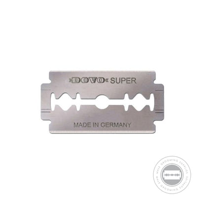 Dovo Super Platinum Razor Blade - Made in Germany, close-up.