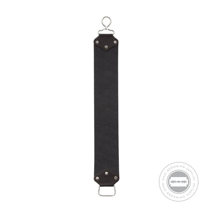 Backside of the Dovo XL Straight Razor Strop with a dark leather finish and sturdy metal hanger.