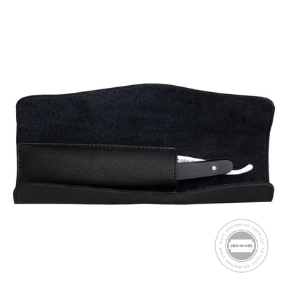 Interior of G&F Timor® Black Leather Roll-Up Razor Case showing suede lining and razor storage.