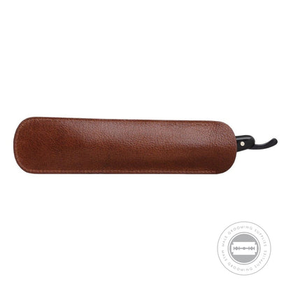 G&F Timor® Brown Leather Razor Case with razor inserted, showcasing its compact design.