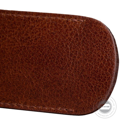 Close-up detail of G&F Timor® Brown Leather Razor Case stitching and leather texture.