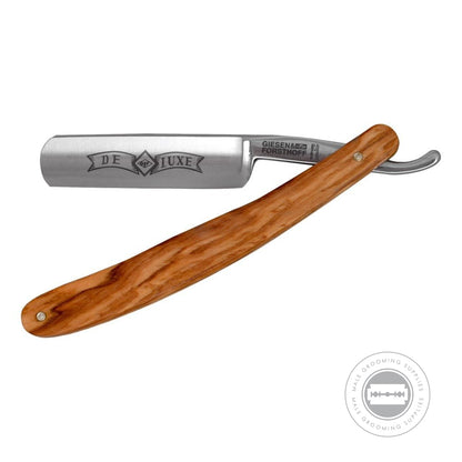 Side profile of the G&F Timor® Deluxe Razor 5/8 showcasing the olive wood handle and blade design.