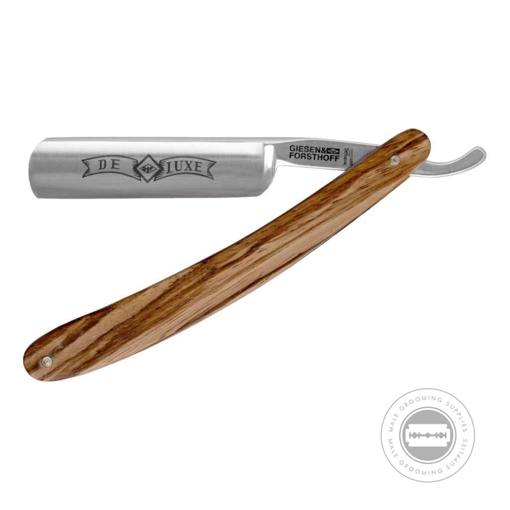 G&F Timor® Deluxe Razor 5/8 with Zebrano wood handle and carbon steel blade, displayed fully opened.