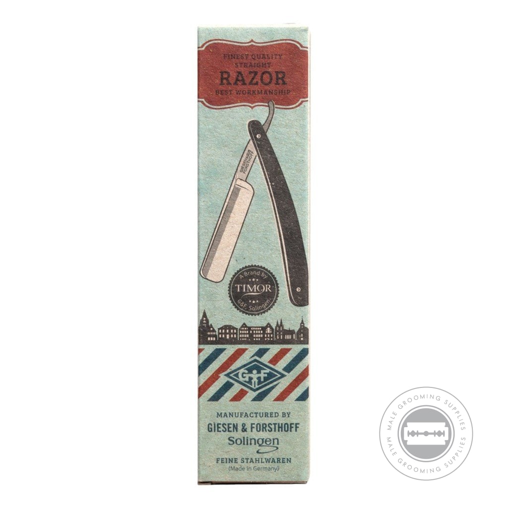 Cardboard packaging of the G&F Timor® Deluxe Razor 5/8, featuring Solingen craftsmanship branding.