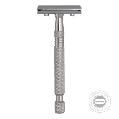 G&F Timor® Safety Razor 1920 with a knurled stainless steel handle, standing upright to show full design.