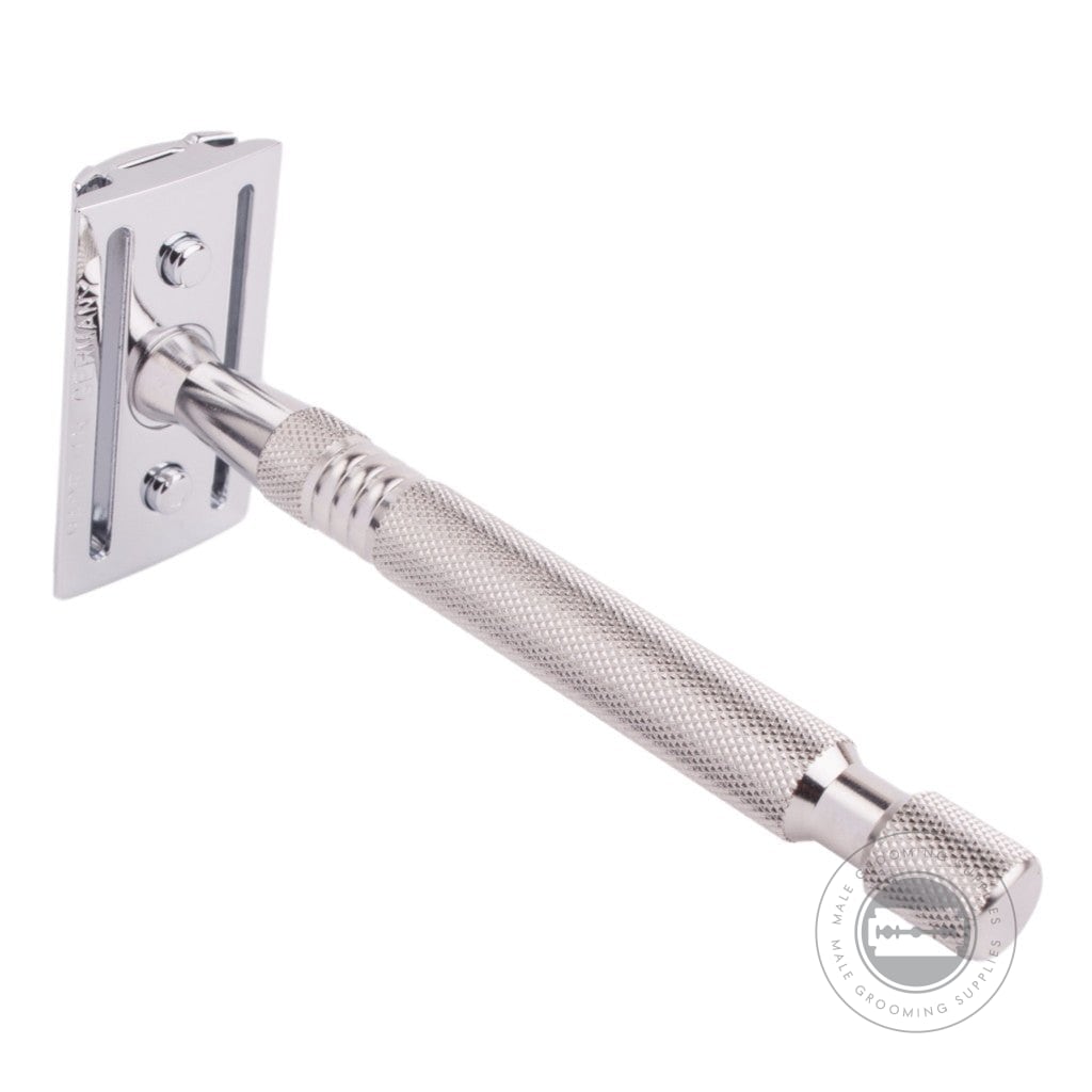 G&F Timor® Safety Razor 1920 with a knurled stainless steel handle, displayed at an angle.