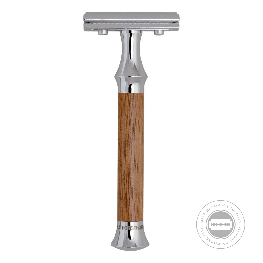 G&F Timor® Safety Razor 1920 with Oak Handle, standing upright to display the full design.