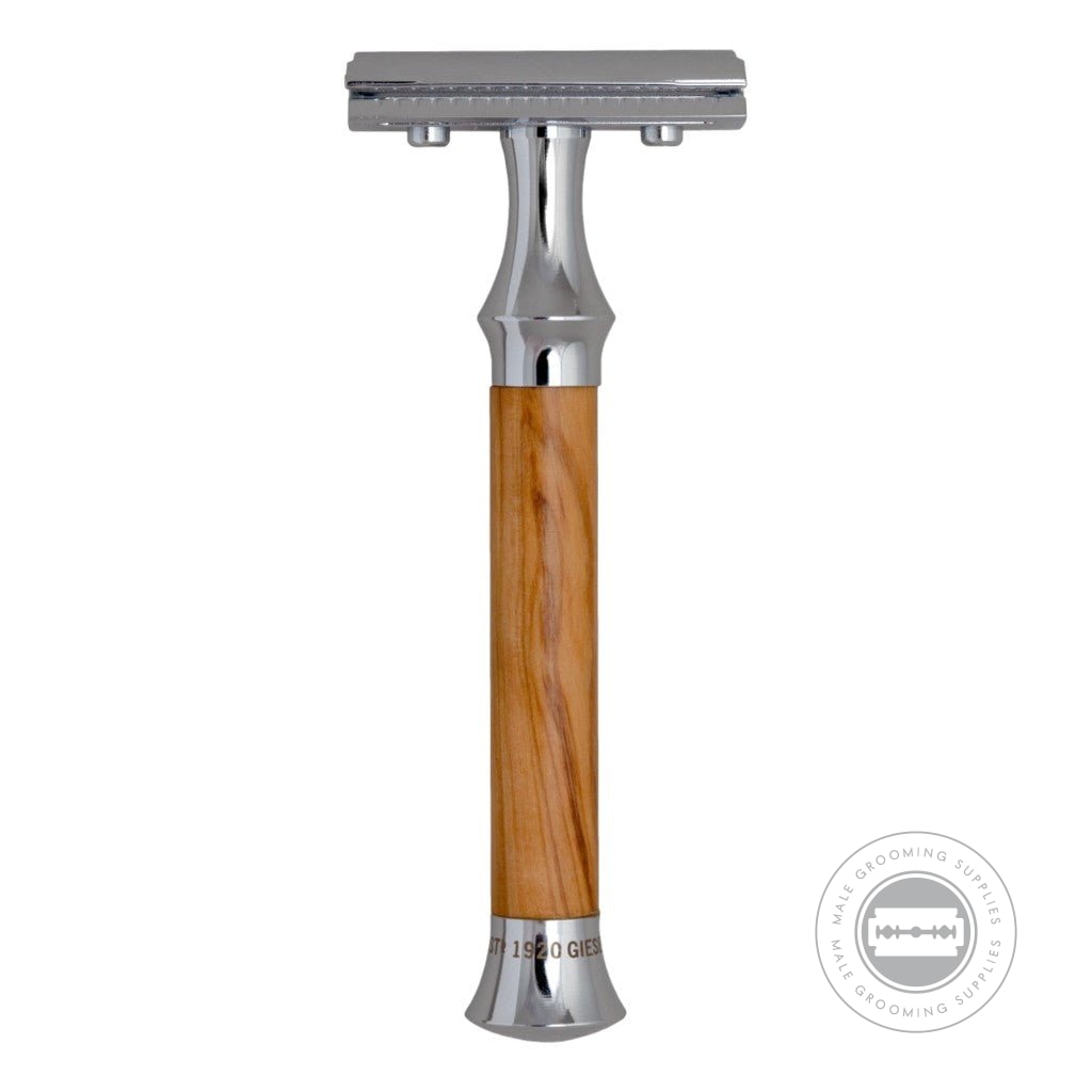 Full view of the G&F Timor Safety Razor 1920 with olive wood handle.