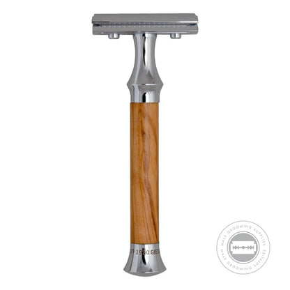 Full view of the G&F Timor Safety Razor 1920 with olive wood handle.