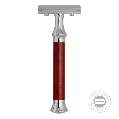 Full view of the G&F Timor Safety Razor 1920 with a padouk wood handle, featuring a sleek and ergonomic design.