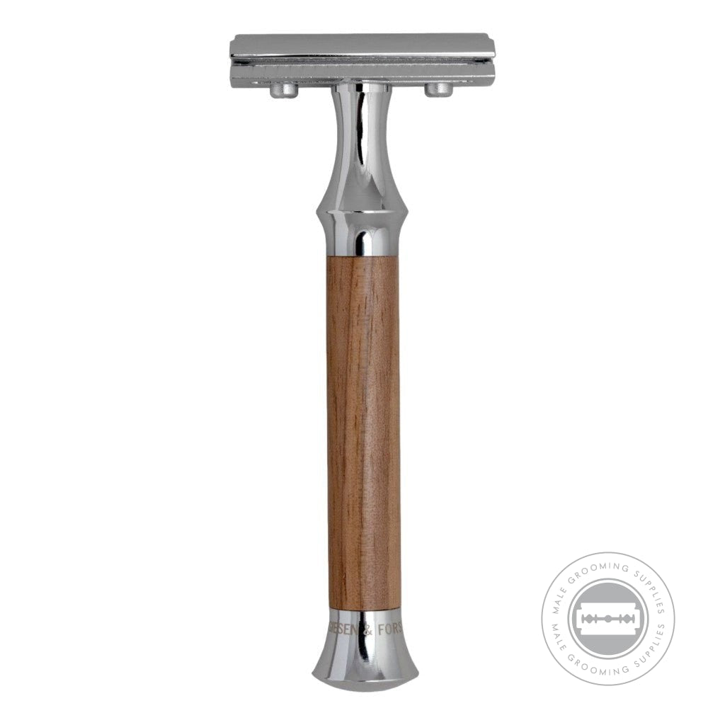 Full view of the G&F Timor Safety Razor 1920 with walnut handle.