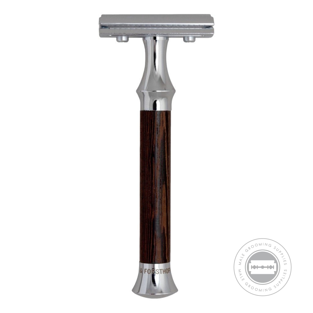 Full view of the G&F Timor® Safety Razor 1920 with a sleek and durable wenge wood handle.