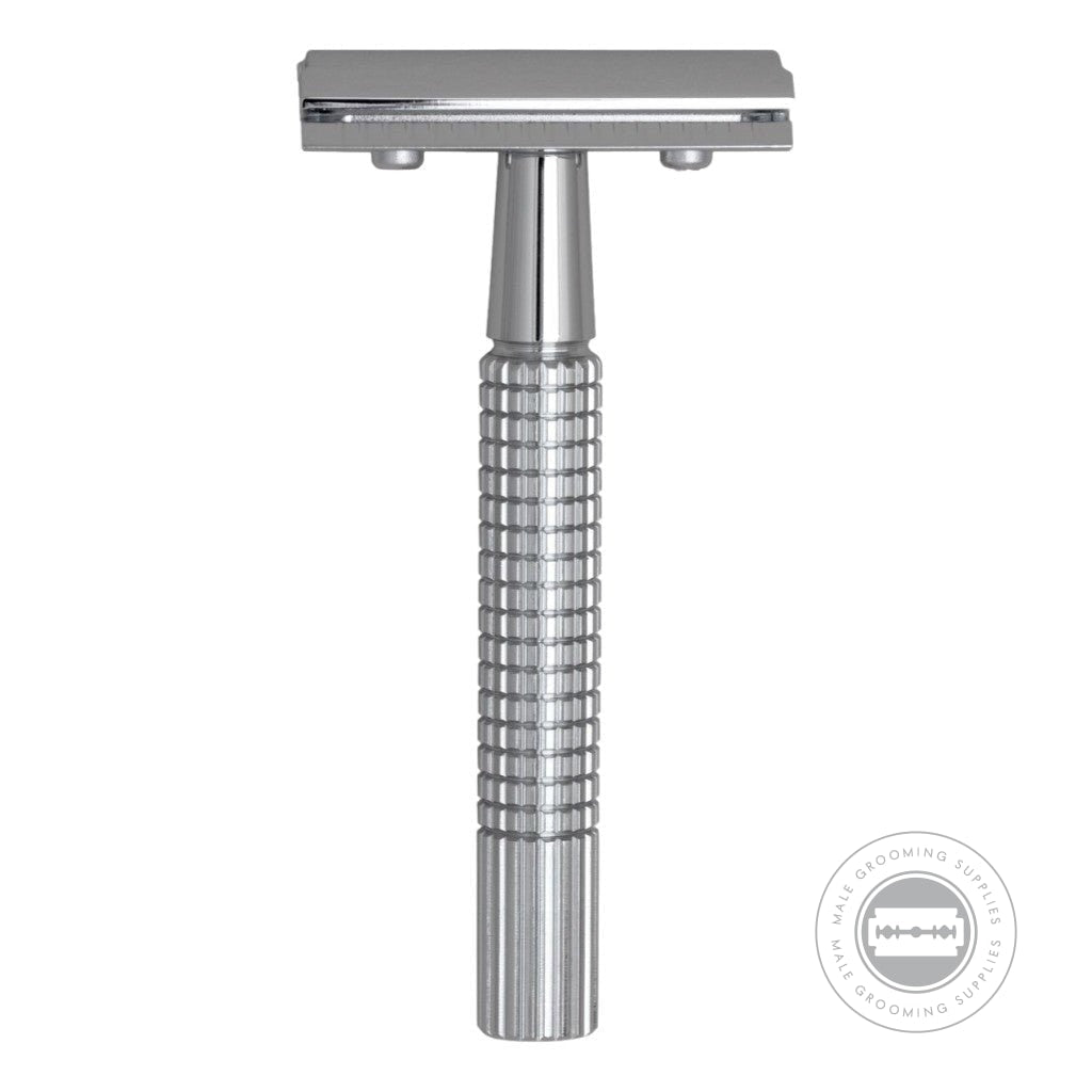 Full frontal view of the G&F Timor Unisex Safety Razor Model NO=o. 1352 showcasing its structured handle and shiny finish.