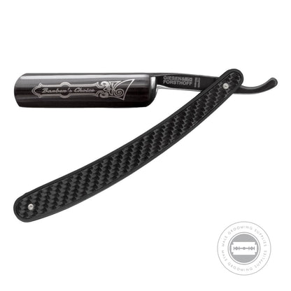 Fully extended view of the Giesen & Forsthoff 'Barber's Choice' straight razor with a carbon inlay handle and hollow ground blade