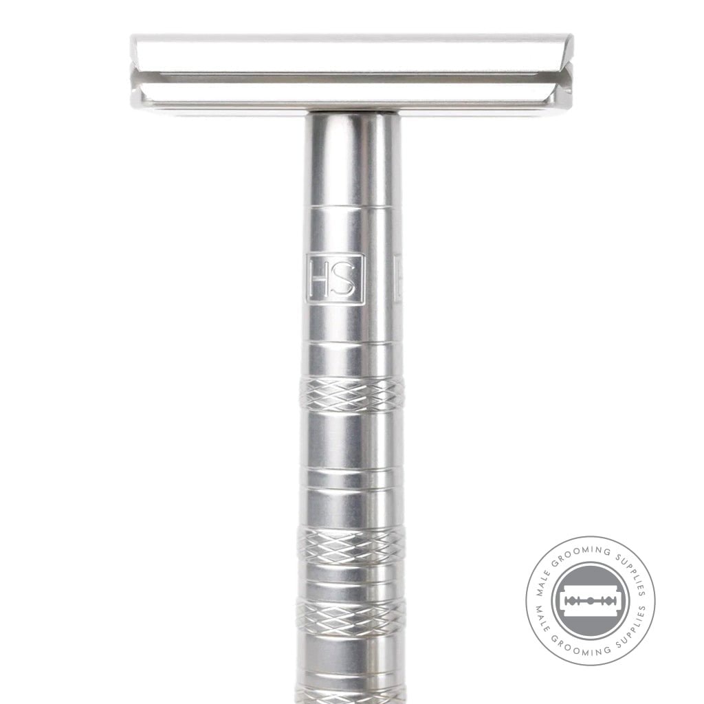 Front view of the Henson AL13 Safety Razor V2.0 in Aircraft Aluminium, emphasizing the razor head's precise blade alignment.