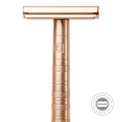 Front view of the Henson AL13 Safety Razor V2.0 Copper Edition, emphasizing the premium copper finish and clean lines of the handle.