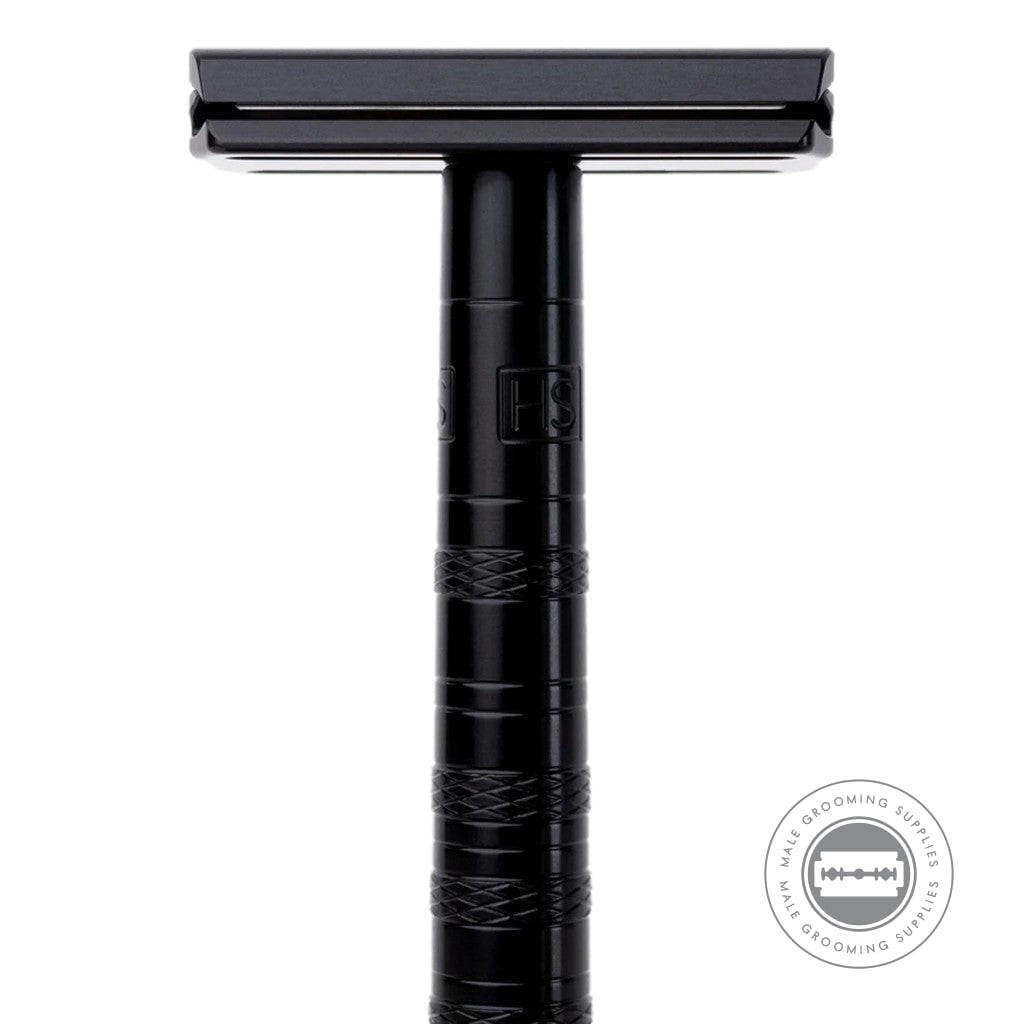 Front view of the Henson AL13 Safety Razor V2.0 Jet Black Edition, emphasizing its clean lines and durable black finish.