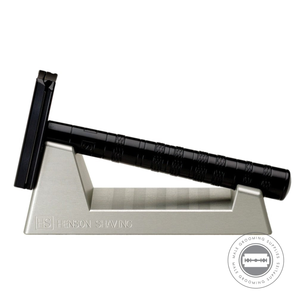 Henson AL13 Safety Razor V2.0 Jet Black Edition on stand, highlighting the sleek handle and black anodized finish.