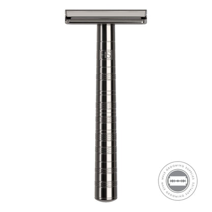 Front-facing view of the Henson Ti22 Titanium Razor, emphasizing detailed craftsmanship.