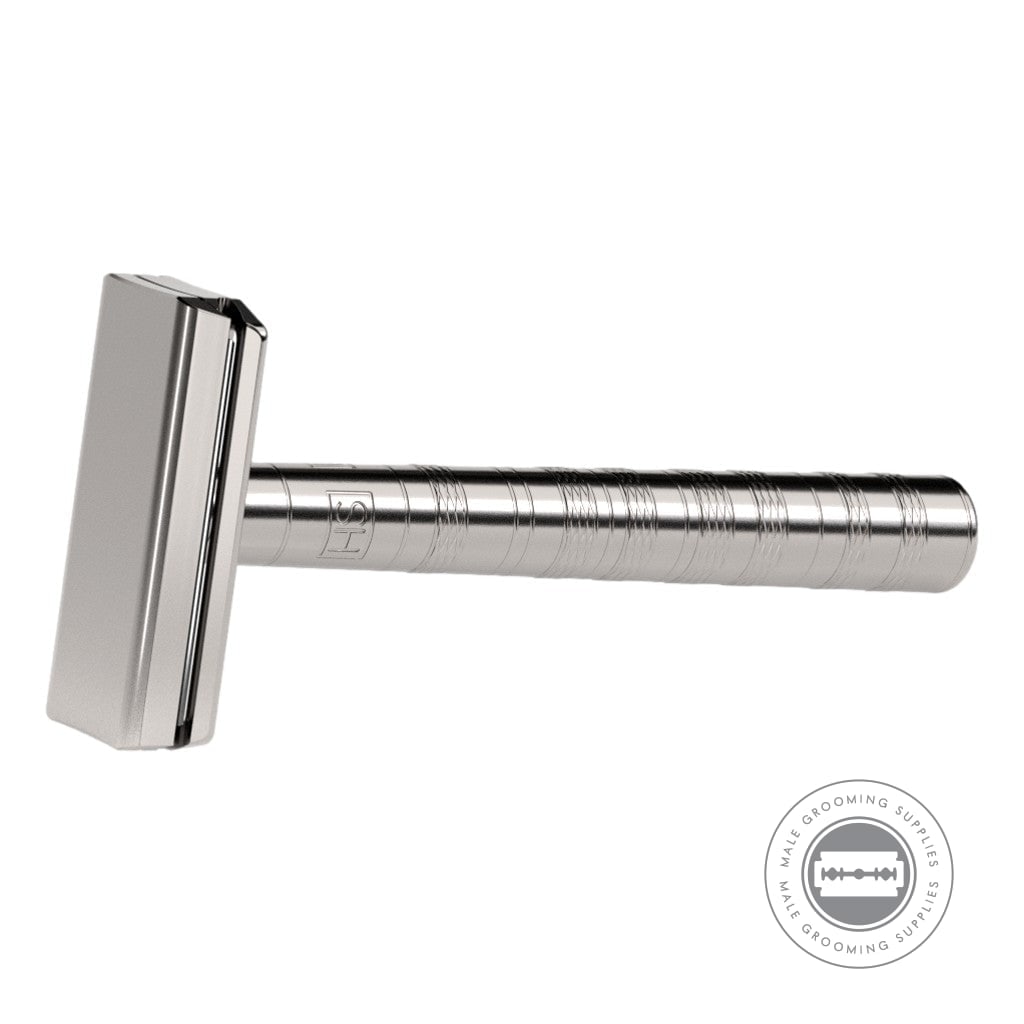 Henson Ti22 Titanium Safety Razor side profile, highlighting its sleek titanium construction.