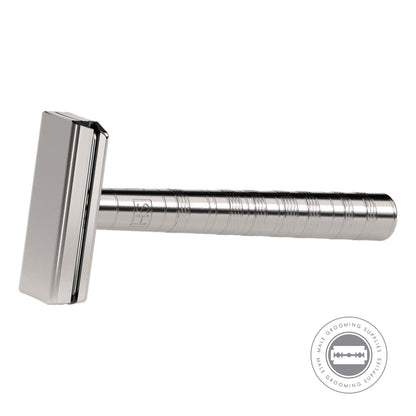 Henson Ti22 Titanium Safety Razor side profile, highlighting its sleek titanium construction.