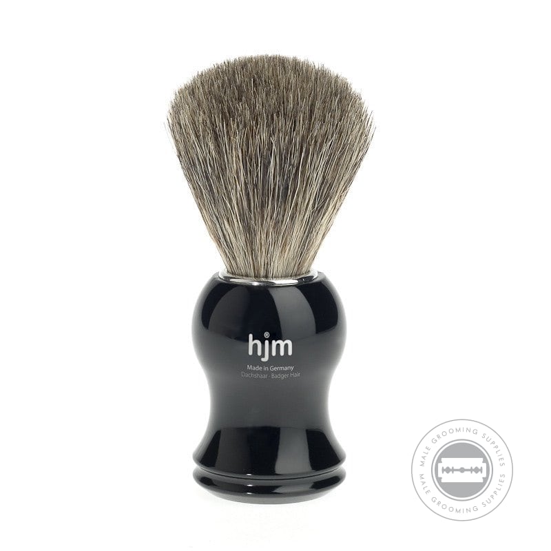 HJM Muhle Pure Badger Black Shaving Brush with soft bristles and black plastic handle for an elevated shaving experience.