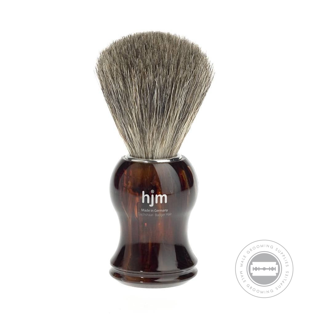 HJM Muhle Pure Badger Tortoiseshell Shaving Brush with soft badger bristles and a tortoiseshell plastic handle.