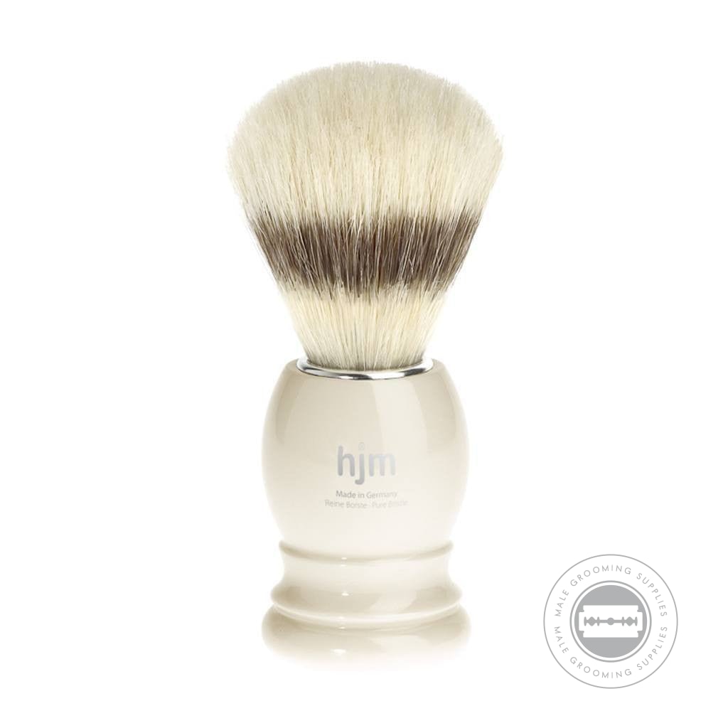 HJM Muhle Pure Boar Bristle Shaving Brush with firm boar bristles and a faux ivory plastic handle, ideal for wet shaving beginners.