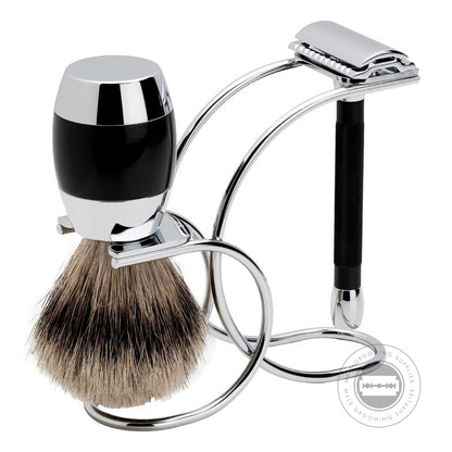 Side Angle of Merkur 3-Piece Black & Chrome Shaving Set featuring a MERKUR 20C Razor, silvertip badger brush, and polished chrome stand for sophisticated grooming.