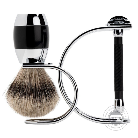 Merkur 3-Piece Black & Chrome Shaving Set featuring a MERKUR 20C Razor, silvertip badger brush, and polished chrome stand for sophisticated grooming.