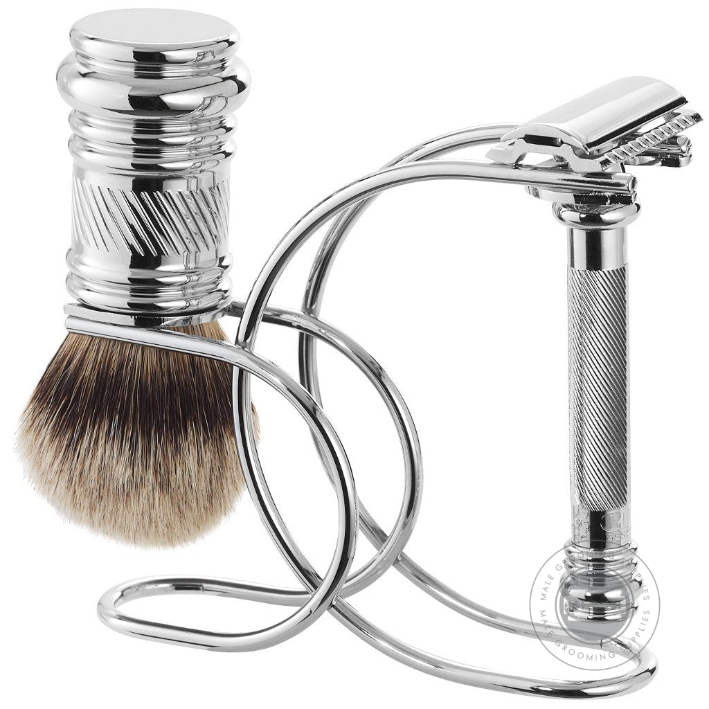 Side view of Merkur 3-Piece Chrome Shaving Set 3881 001 featuring the MERKUR 38C Barber Pole Razor, silvertip badger brush, and polished chrome stand for refined grooming.