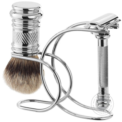 Side view of Merkur 3-Piece Chrome Shaving Set 3881 001 featuring the MERKUR 38C Barber Pole Razor, silvertip badger brush, and polished chrome stand for refined grooming.