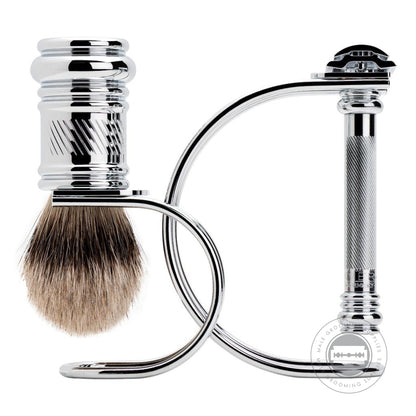 Merkur 3-Piece Chrome Shaving Set 3881 001 featuring the MERKUR 38C Barber Pole Razor, silvertip badger brush, and polished chrome stand for refined grooming.