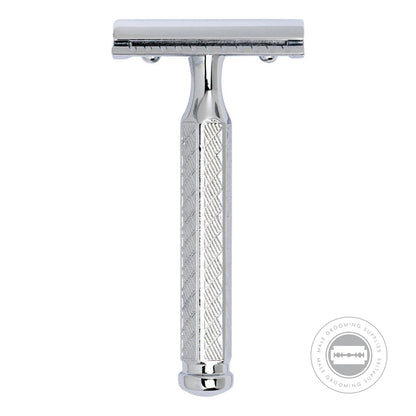 Merkur Classic 1904 Razor 42 001 front view in bright chrome finish with closed comb.