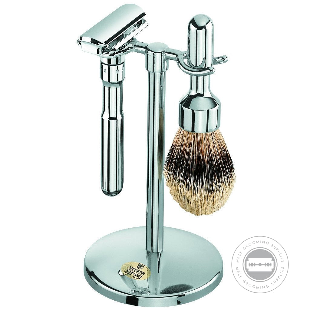 Merkur FUTUR 3-Piece Polished Chrome Shaving Set 781 001 featuring adjustable razor, silvertip badger brush, and polished chrome stand for luxury grooming.