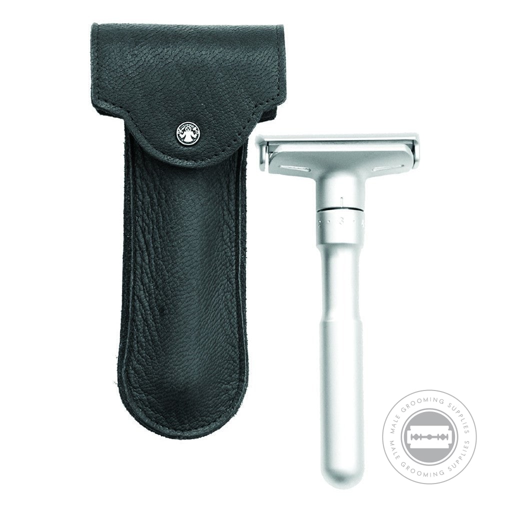 Merkur Leather Razor Case 767011 by Dovo, shown alongside a Merkur Futur Razor, offering premium leather protection and a secure snap closure for travel and storage.