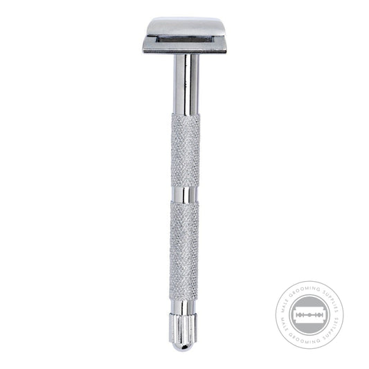 Merkur Mustache & Eyebrow Razor 907000 front view, featuring a slim, textured handle and bright chrome finish for precision trimming.