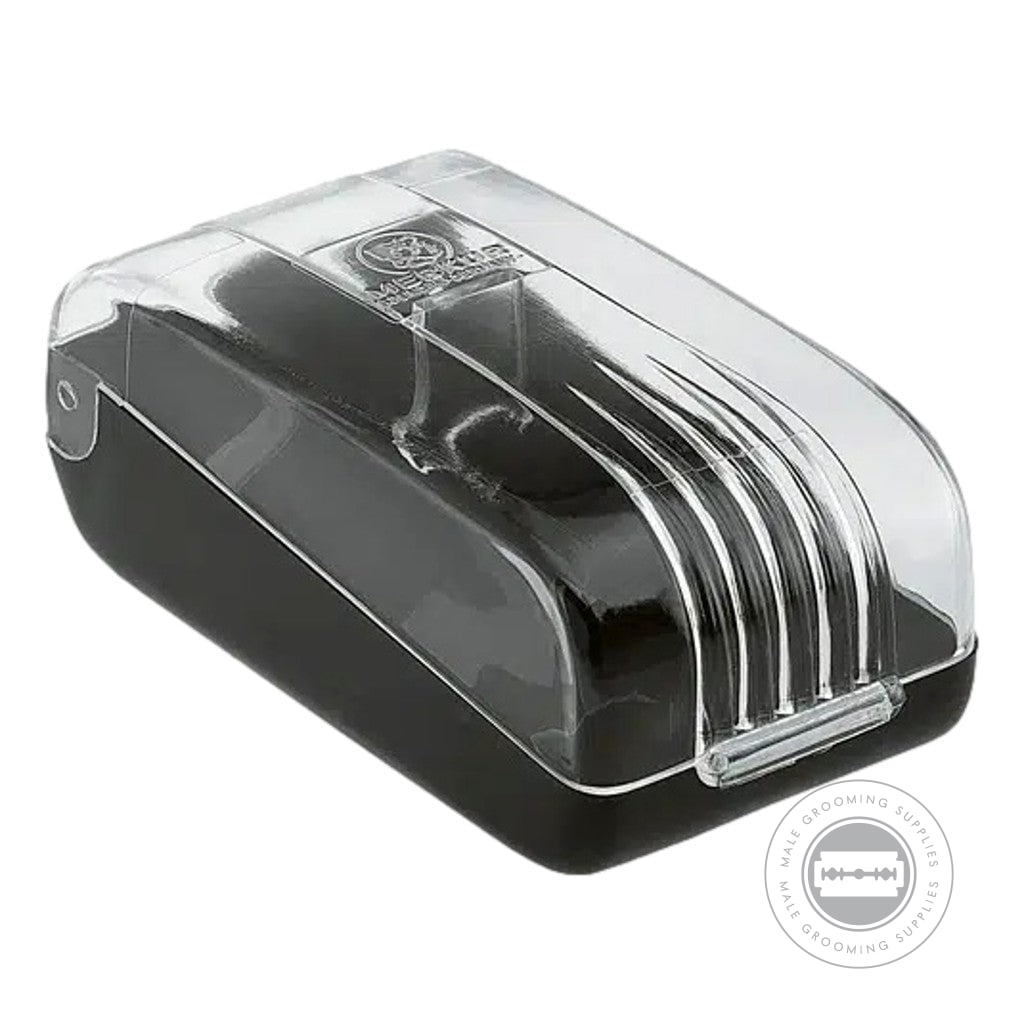 Merkur Plastic Case 3000 in black polystyrene with a clear lid, compact and durable for secure razor storage.