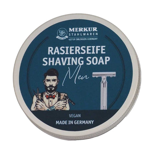 Close-up of Merkur Men's Shaving Soap front label, featuring the logo, vegan certification, and "Made in Germany" details.