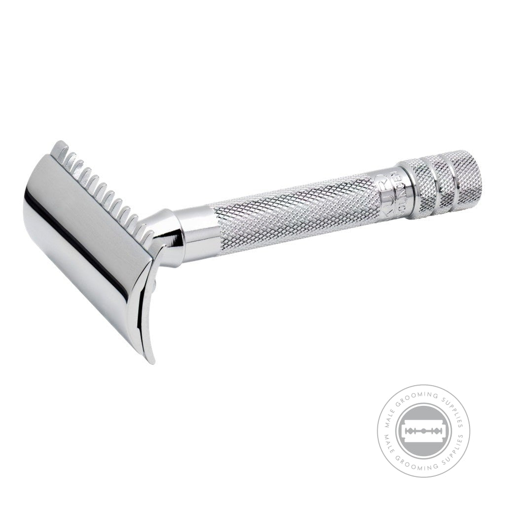 Merkur Razor 15001 with open comb design and knurled handle in bright chrome finish, angled view showcasing its sleek and functional design.