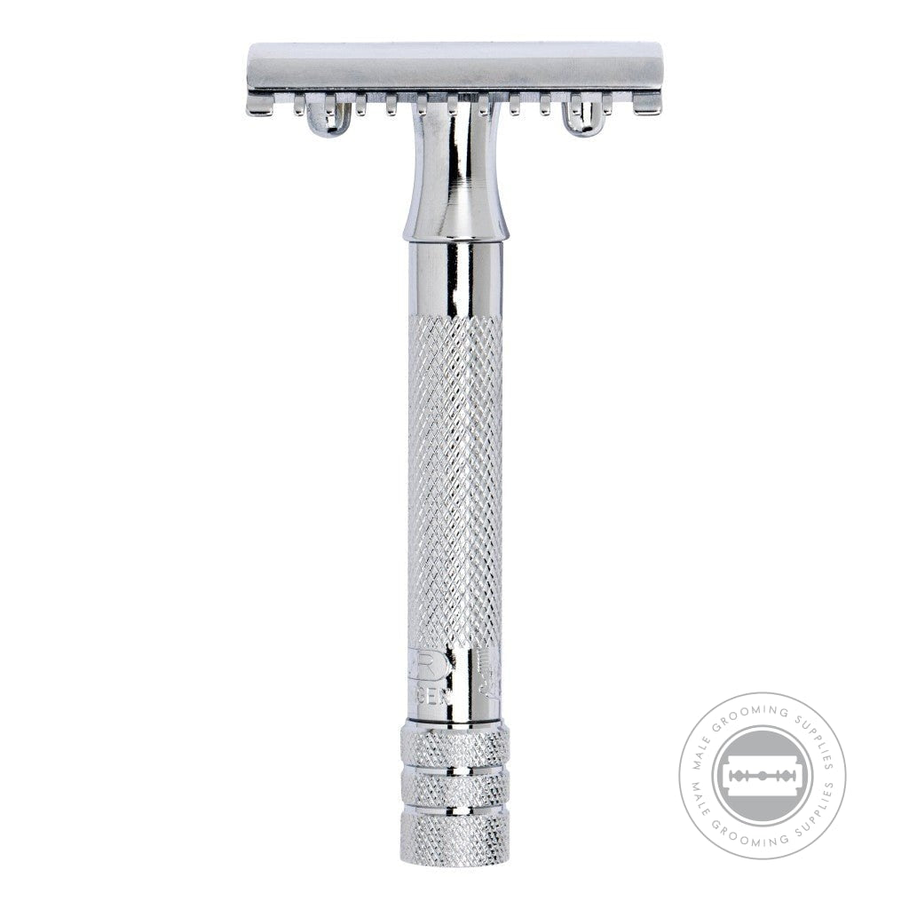 Front view of the Merkur Razor 15001, displaying the open comb safety razor with its knurled grip and chrome-plated finish.