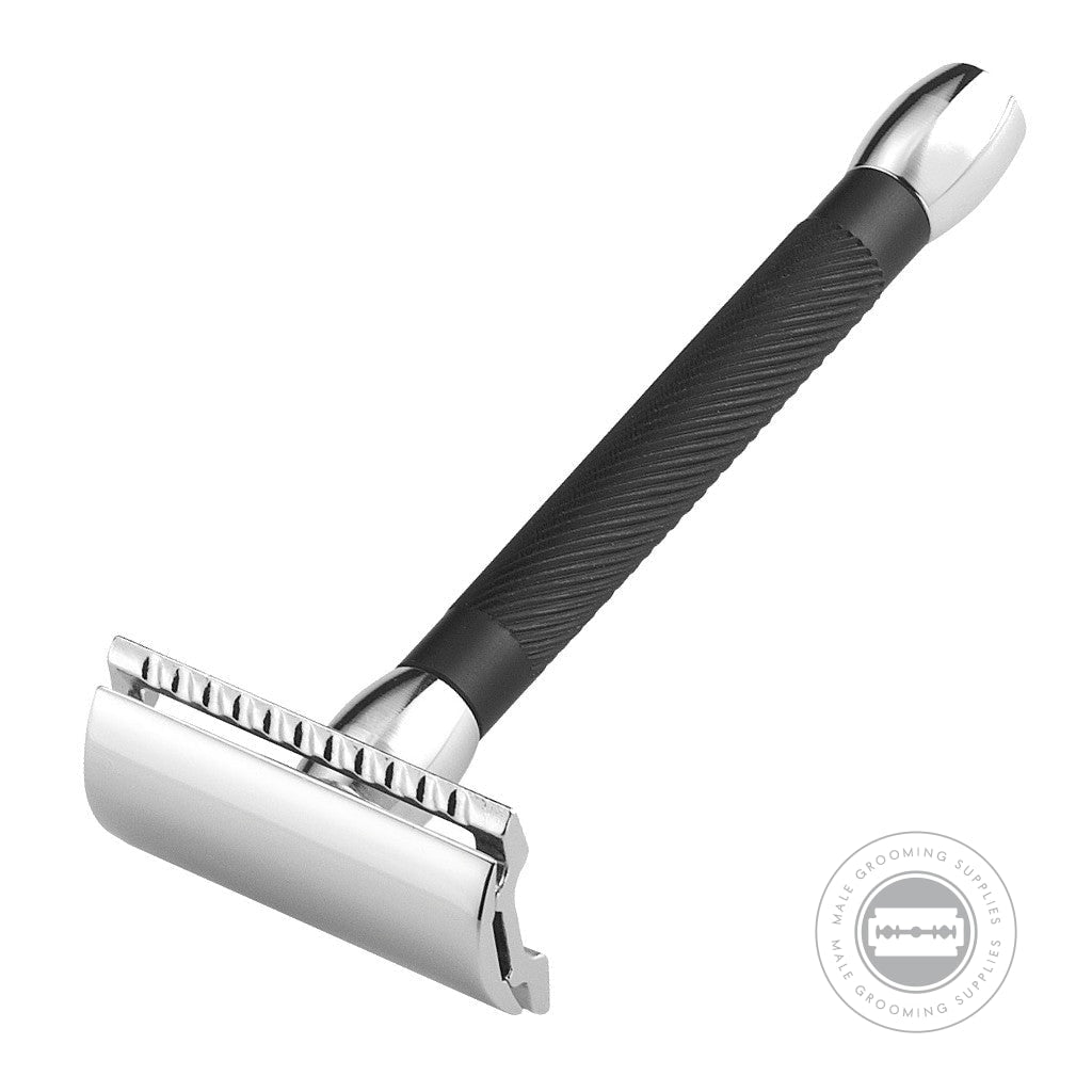 Side view of the Merkur Razor 20C, featuring a long black handle with bright chrome accents.