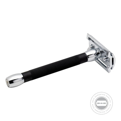 Reverse angle of the Merkur Razor 20C, highlighting the ribbed black handle and chrome end cap.