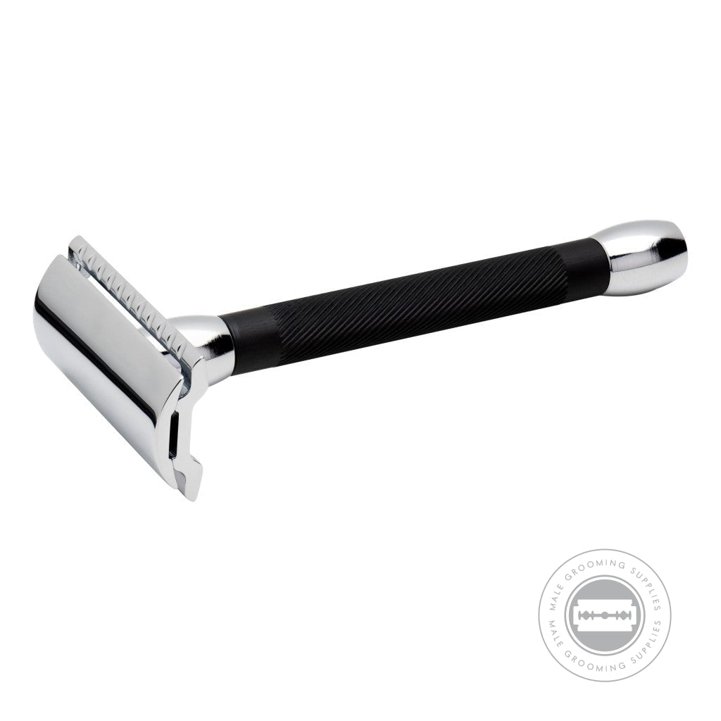 Diagonal angle of the Merkur Razor 20C, showcasing its elegant two-tone design with a closed comb head.